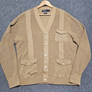 VTG Polo Ralph Lauren Mens Brown Utility Safari Cargo Cardigan Sweater XL Linen